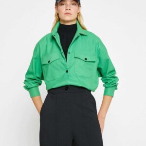 Long Sleeve Shirt Pocket Snap Fastener Woman