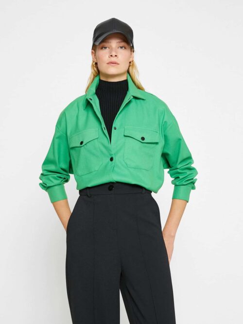 Long Sleeve Shirt Pocket Snap Fastener Woman