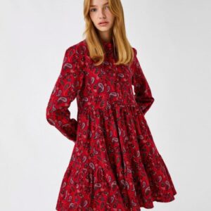 Floral Winter Dress Long Sleeve Ruffle Buttoned Woman