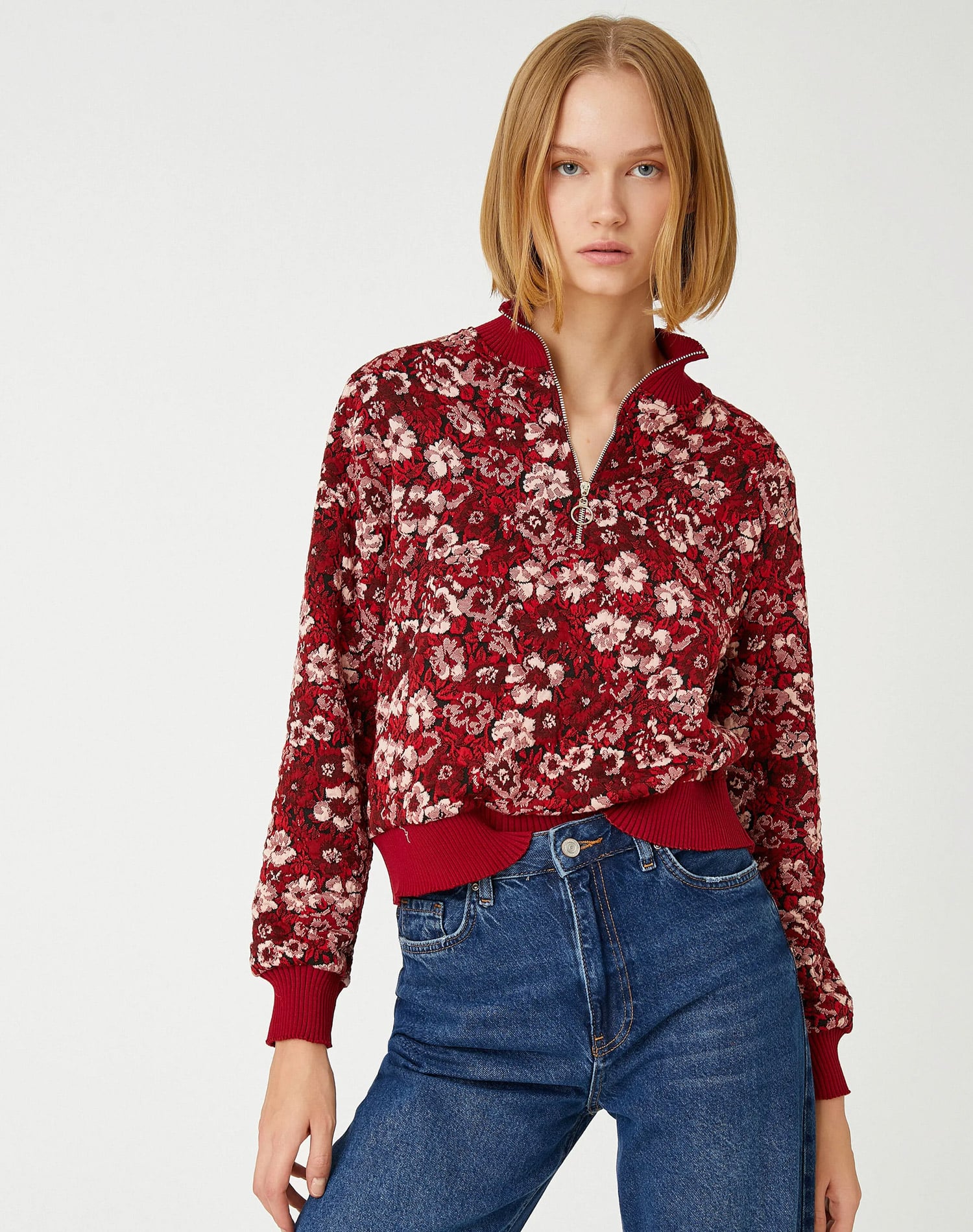 Jacquard Floral Sweater Half Zipper Woman - Image 2