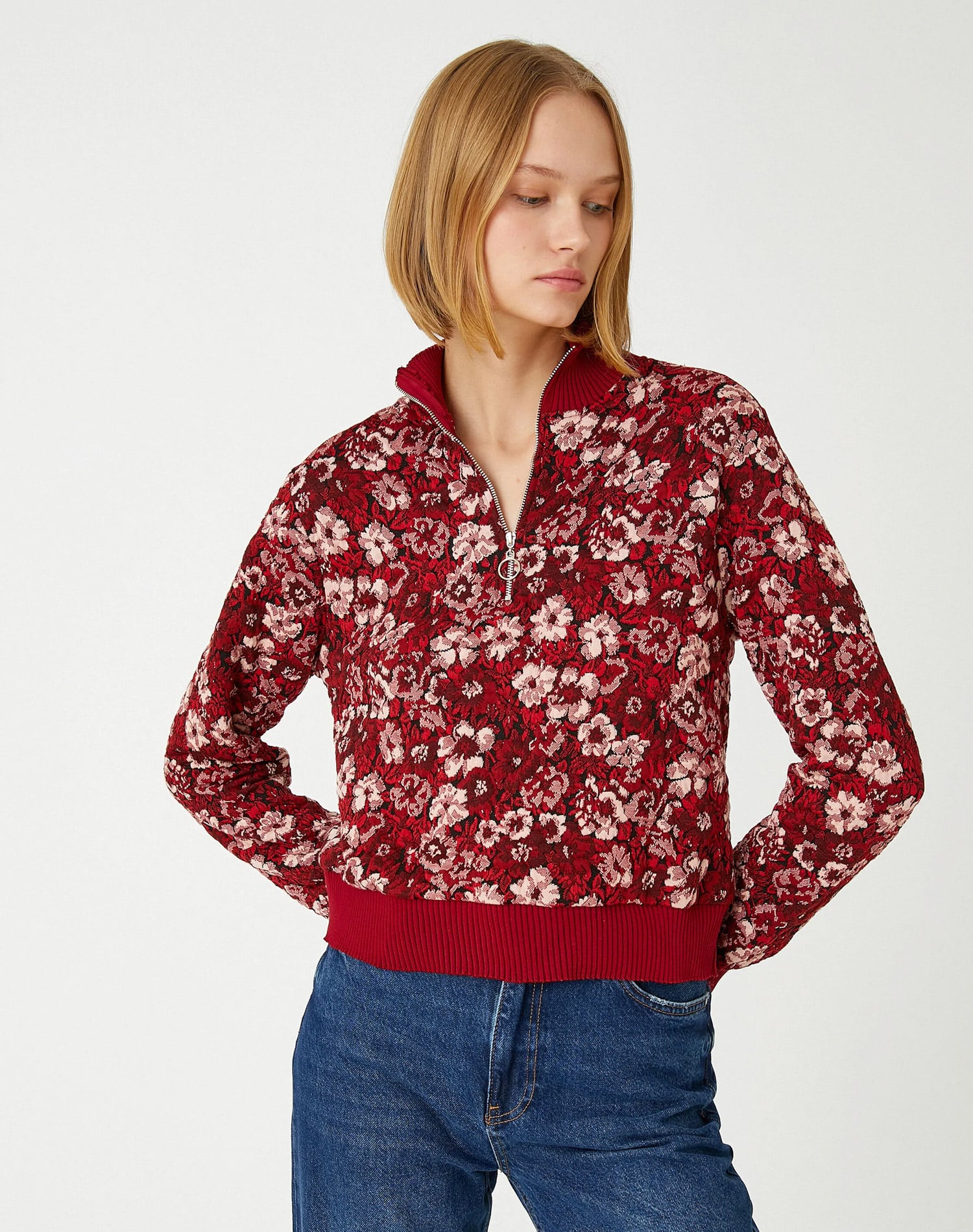 Jacquard Floral Sweater Half Zipper Woman - Image 3